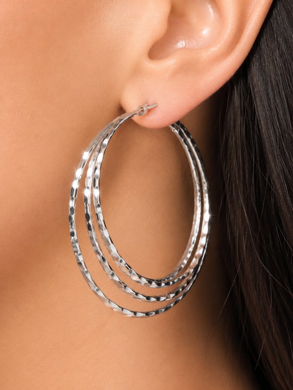 Silver Triple Layer Textured Hoop Earrings Bold Statement Women' Fashion Jewelry